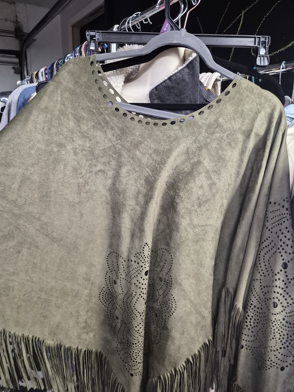 Fringed Faux Suede Poncho Top - Olive Green